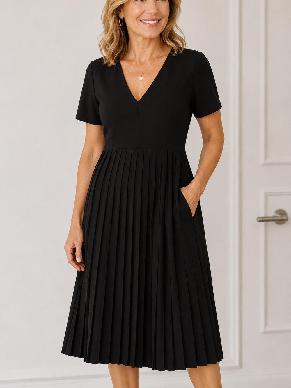 Zara Black Pleated V-Neck Short Sleeve Midi Dress Large